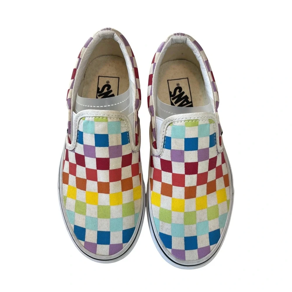Vans Slip On Rainbow Checkerboard Women 5 Multicolor Canvas Skate Shoes
